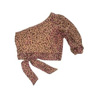 Express Leopard Print Blouse Pink Accent One Shoulder Womens XL